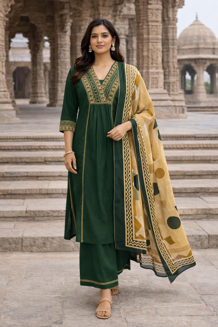 Emerald Green Ajrakh 3-Piece Suit