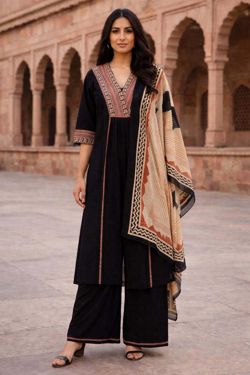 Jet Black Ajrakh 3-Piece Suit