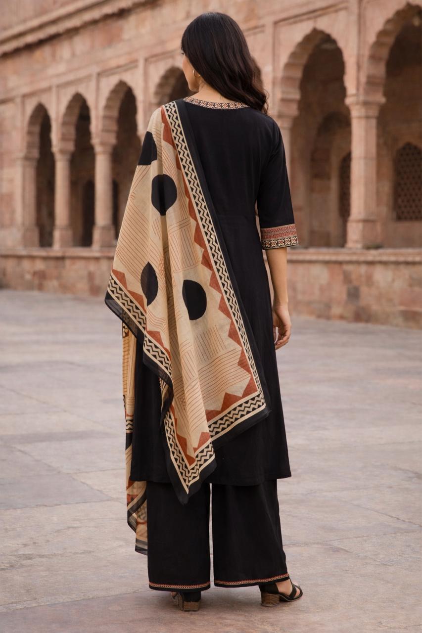 Jet Black Ajrakh 3-Piece Suit