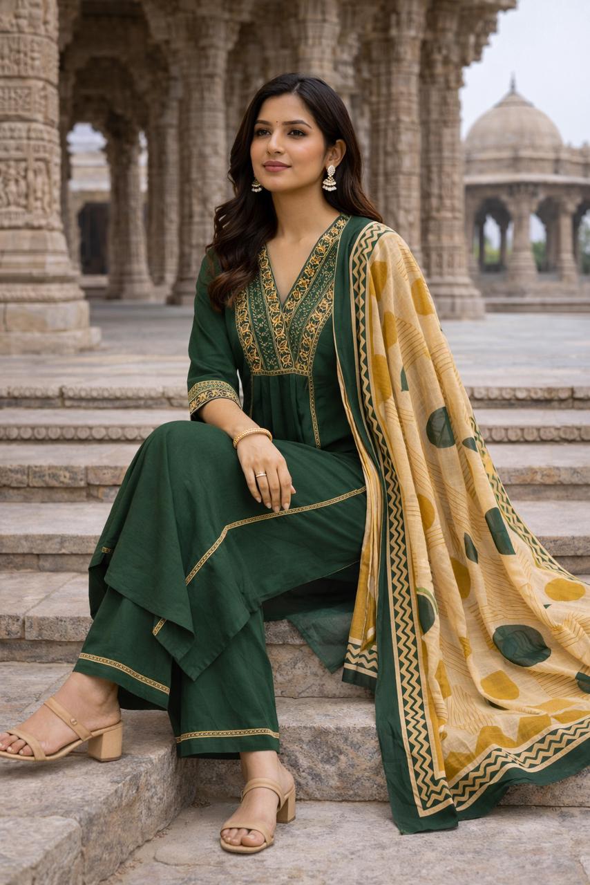 Emerald Green Ajrakh 3-Piece Suit